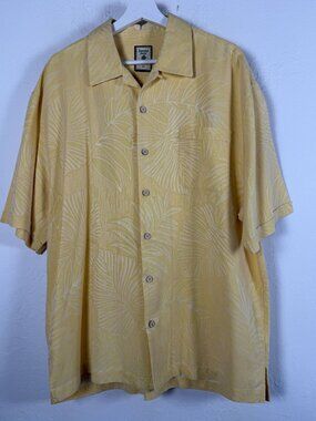 Jamaica Jaxx Mens Hawaiian Shirt XL Yellow Monstera Palm Leaf Silk Jacquard Camp